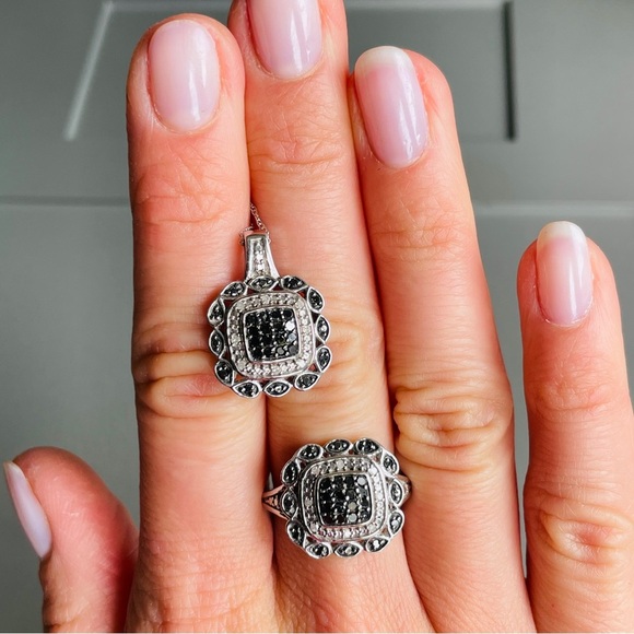 Black & White Diamond Sterling Silver LJ Designer Cushion Shape Pendant … - Picture 9 of 10